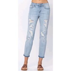 Judy Blue Women’s Boyfriend Jeans 9/29 High Rise Distressed Medium Wash EUC
